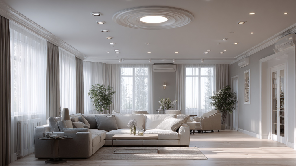 Elegant ceiling light design for living room with modern false ceiling and soft lighting