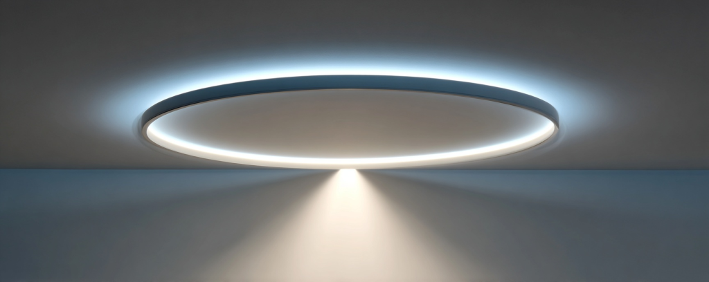 Minimal modern ceiling light design with circular LED fixture creating soft ambient glow
