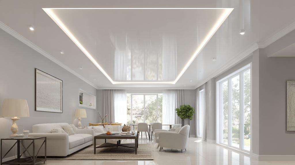 Elegant false ceiling light design with recessed cove lighting in a modern living room
