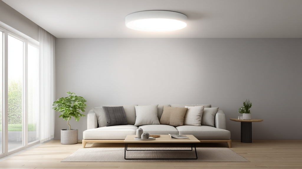 Clean simple ceiling light design with round LED fixture over a modern sofa