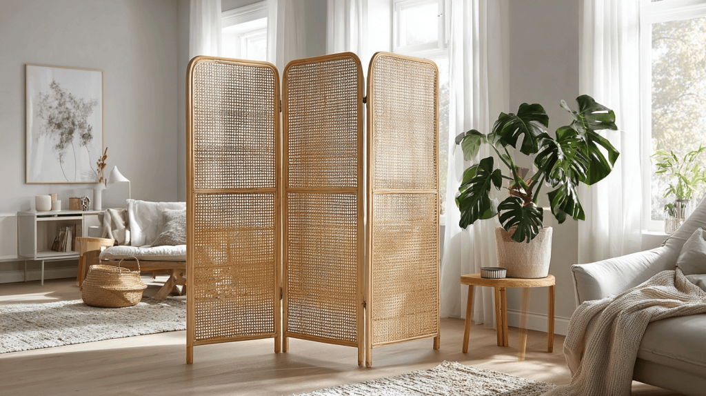 Elegant living hall partition design using cane panels to create a warm and airy space