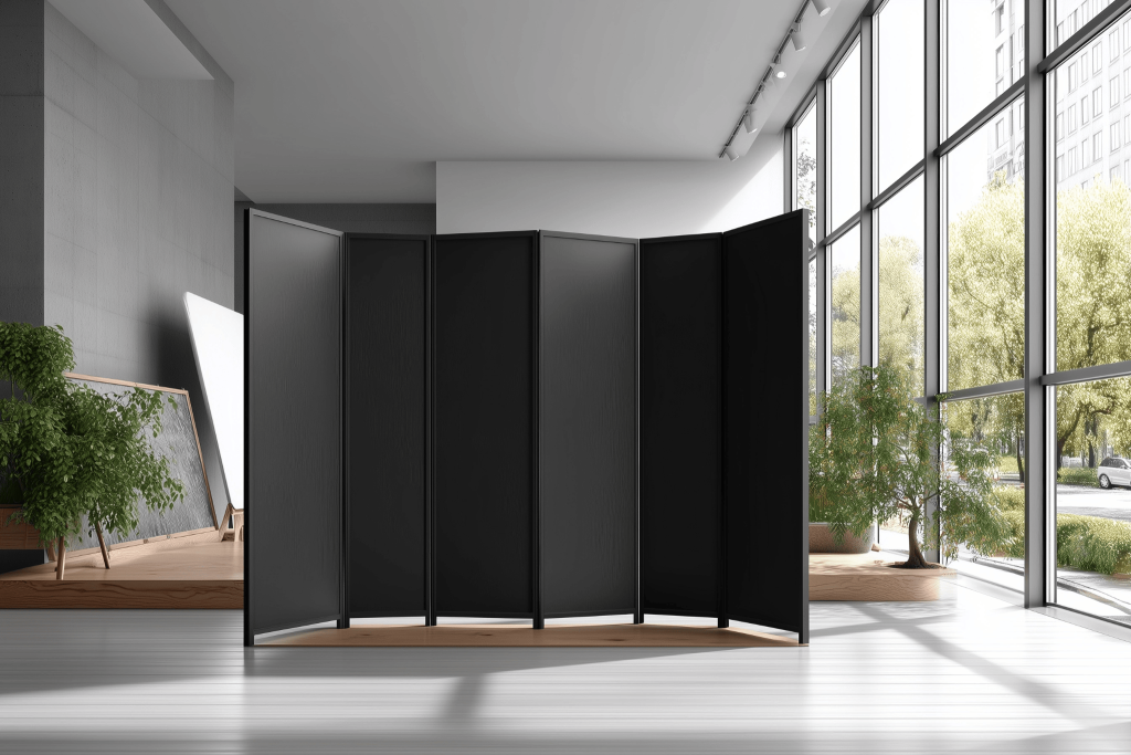 Minimal modern hall partition designs with sleek black folding panels for open interiors