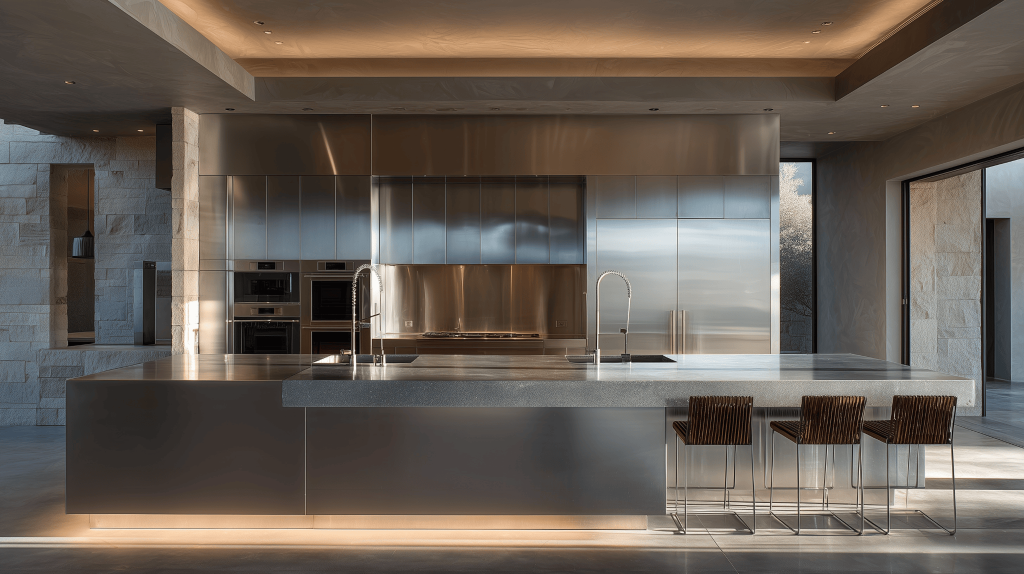 Sleek stainless steel modular kitchen slab design for hygienic and modern cooking spaces