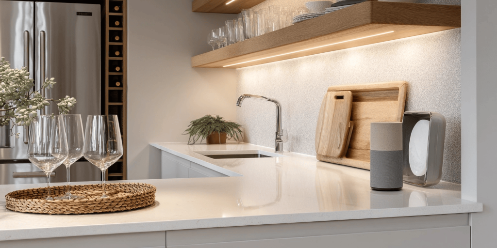 Stylish kitchen slab design L shape with waterfall edge for small kitchen elegance