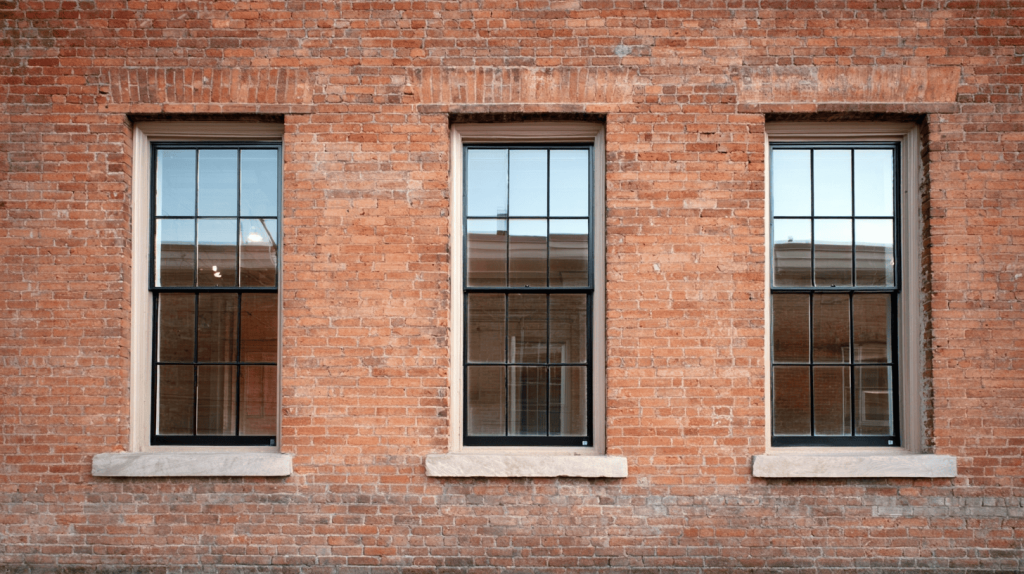 Industrial iron window frame design on vintage brick wall exterior