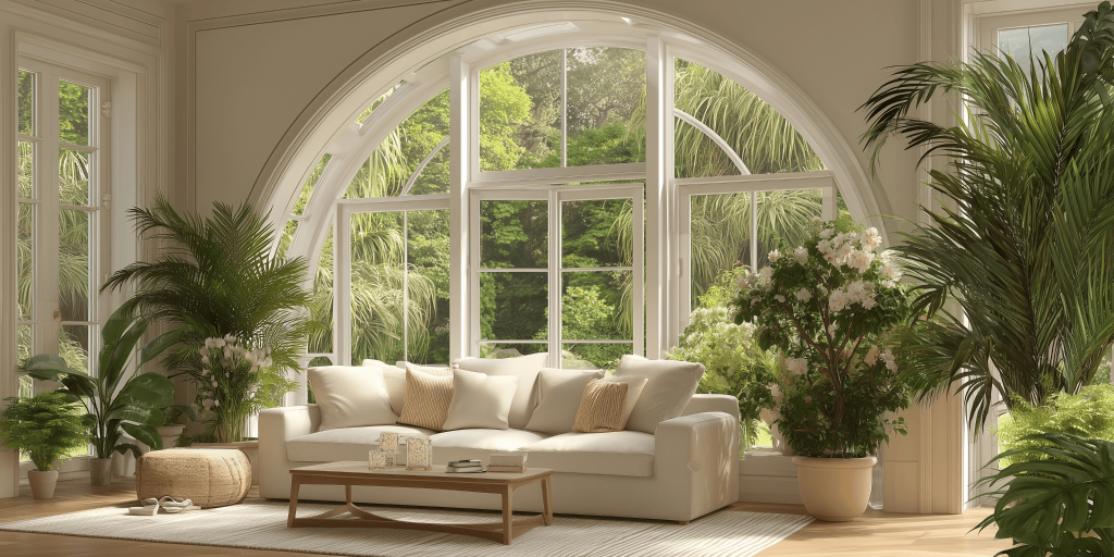 Elegant modern window frame design bright living room with lush indoor plants
