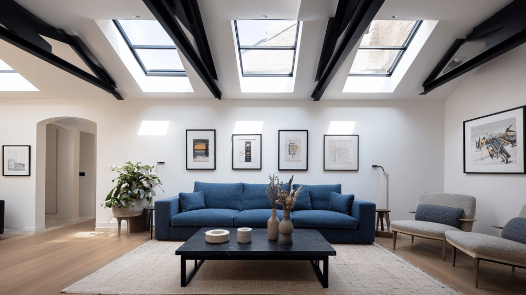 Stylish glass window frame design with skylight windows illuminating a modern living room