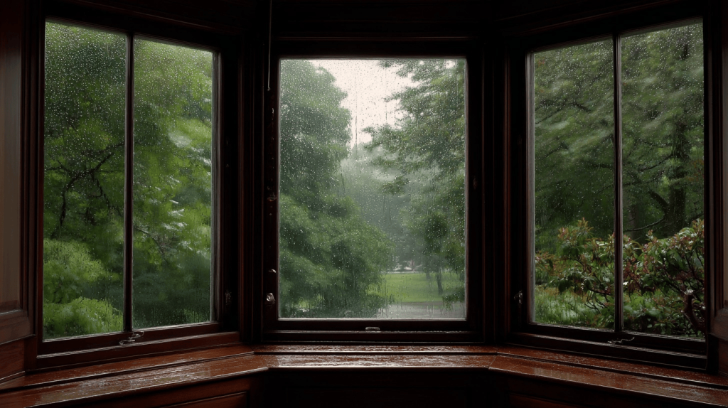 Cozy glass window frame design showing rainy garden view with rich wood finish