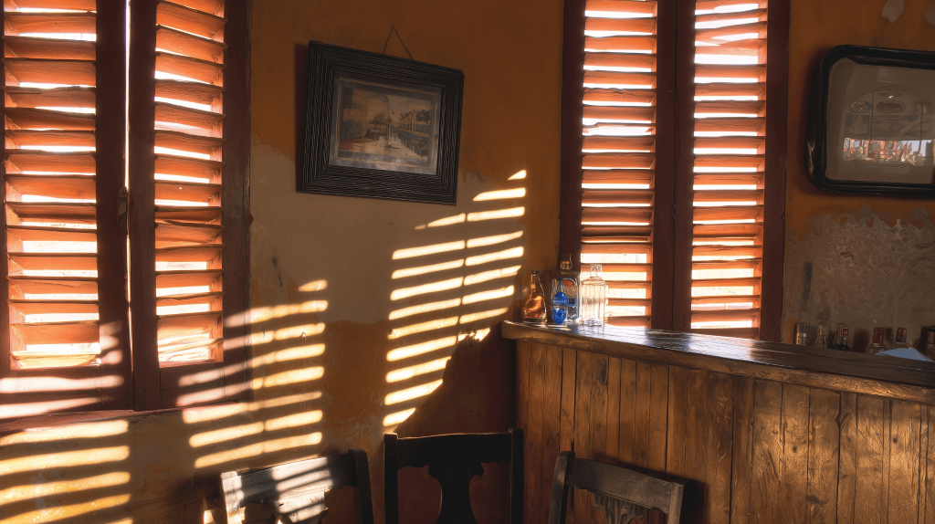 Warm wooden window frame design casting sunlight patterns in cozy room interior