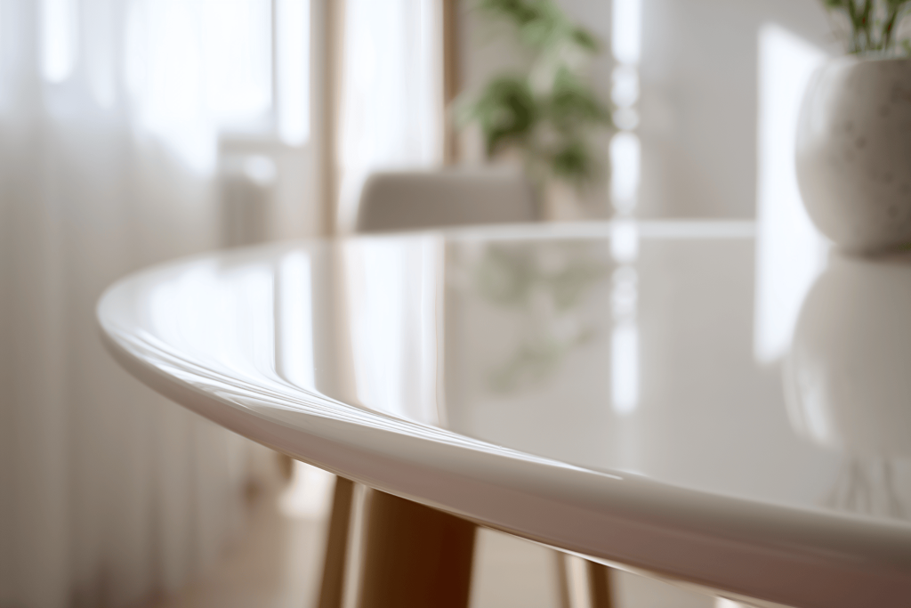 Elegant glass tea table design reflecting natural light in a soft, modern interior space
