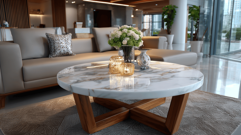 Round tea table design with marble top and modern wooden base in a cozy living room
