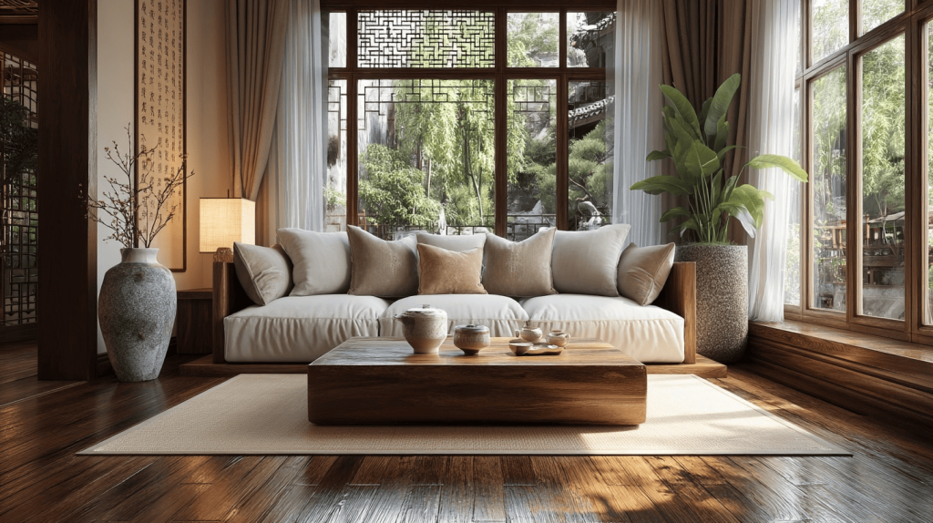 Elegant wooden tea table design with cozy sofa and natural light-filled living space