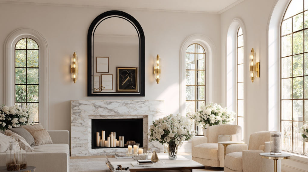 Luxurious modern drawing room wall design with marble fireplace and elegant mirror decor