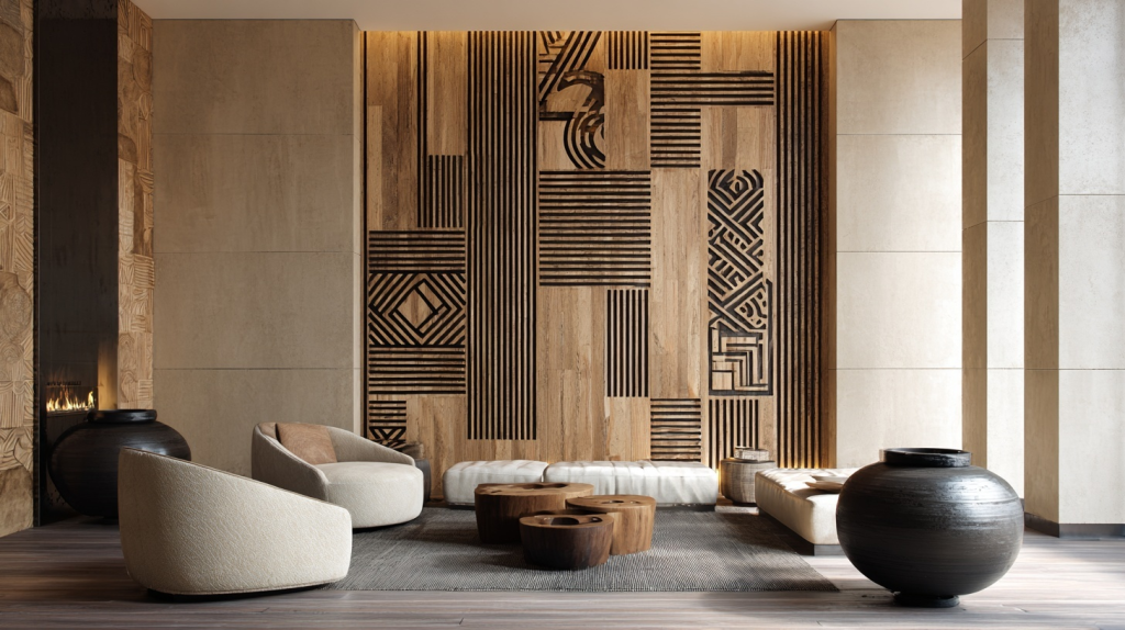 Latest drawing room wall design with geometric wood panels and cozy seating