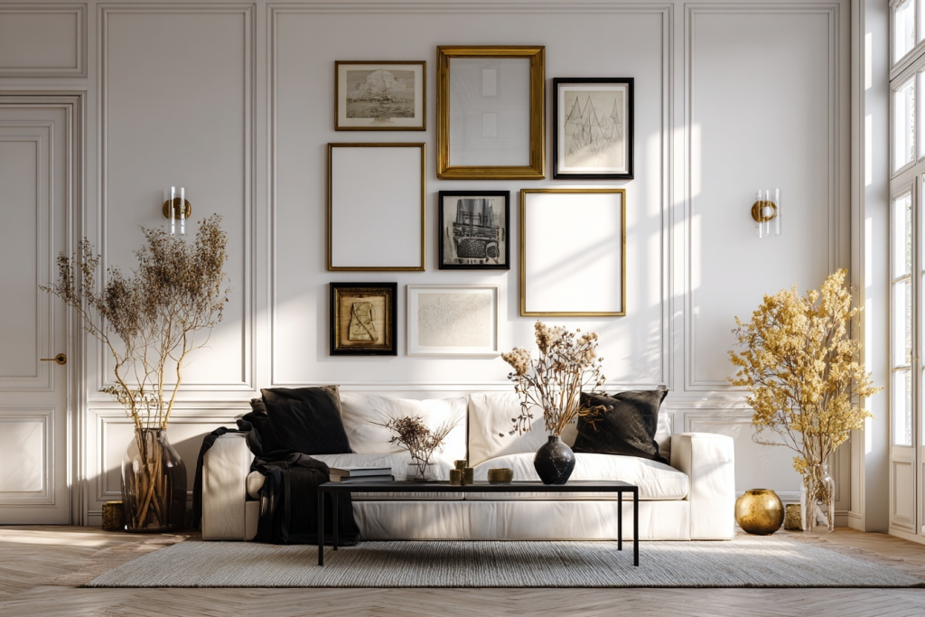Elegant drawing room wall design with classic frames and warm neutral décor elements