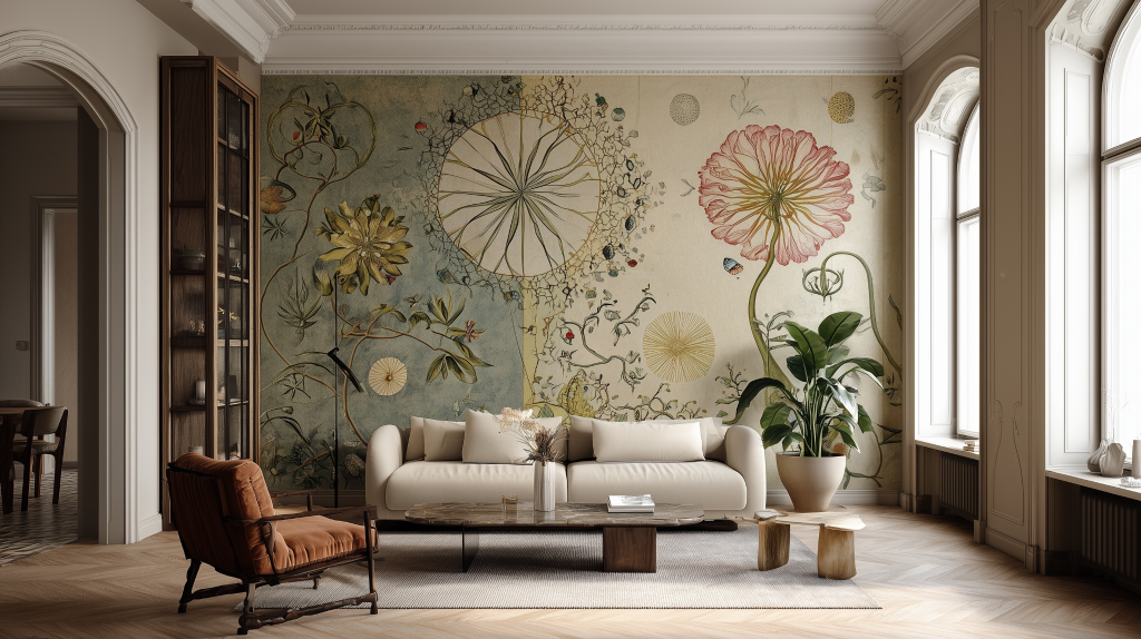 Artistic drawing room wall design ideas with floral mural and cozy modern furniture