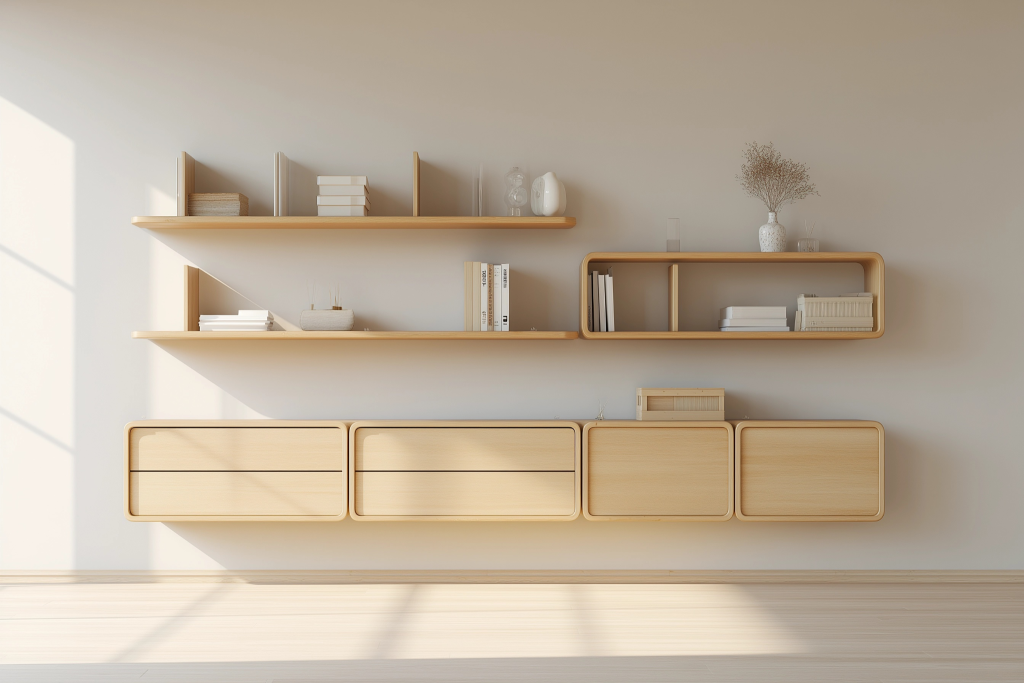 Modern drawing room wall design with wooden shelves and minimal decor