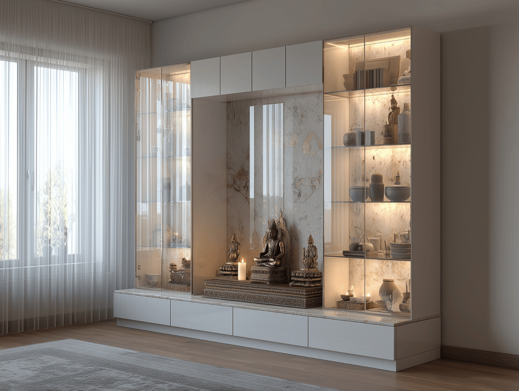 Sleek modern puja room interior design with marble backdrop and soft ambient lighting