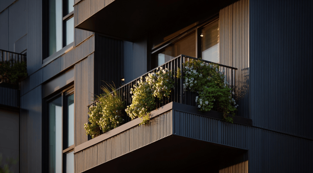 Modern front balcony design with elegant railings and fresh green plants