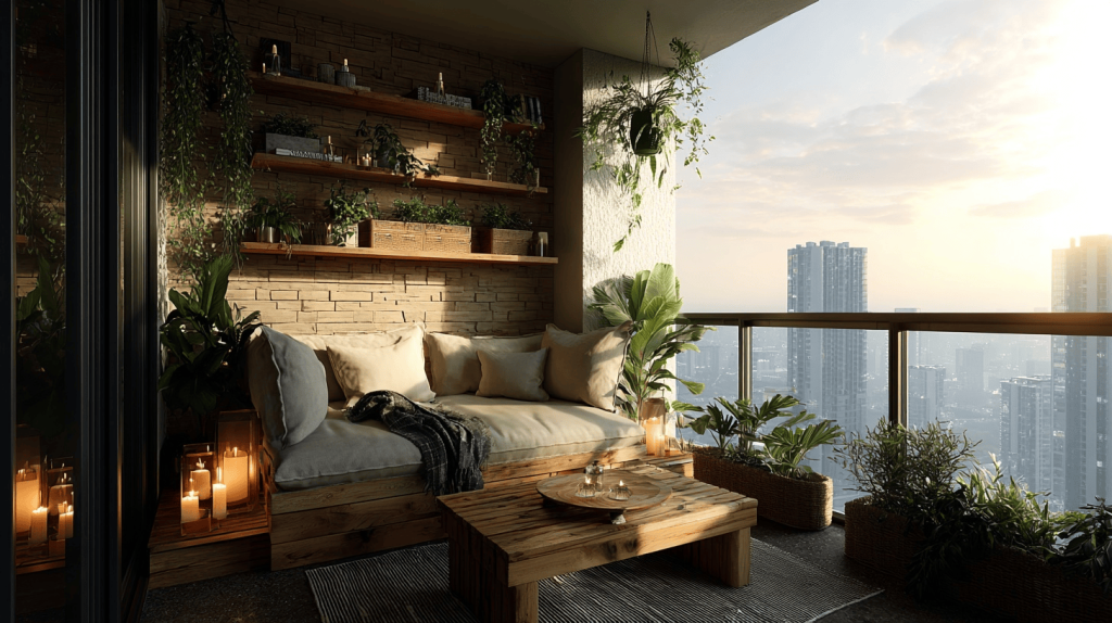 Modern front balcony design with wooden furniture and lush green plants