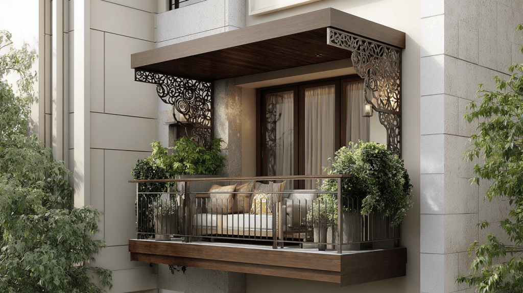 Home front balcony design with ornate details and cozy seating space