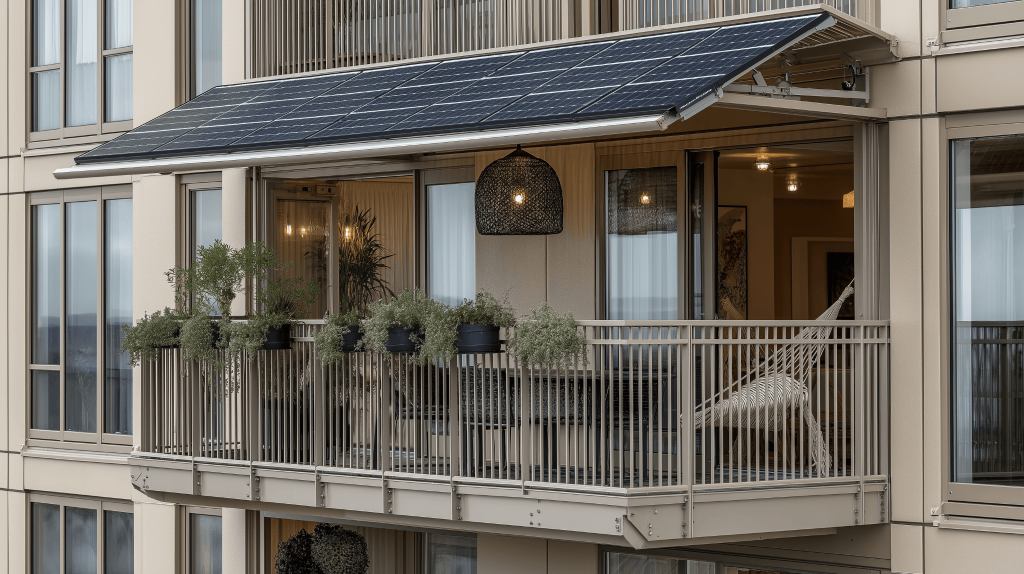 Modern front balcony design with solar shade and cozy seating setup