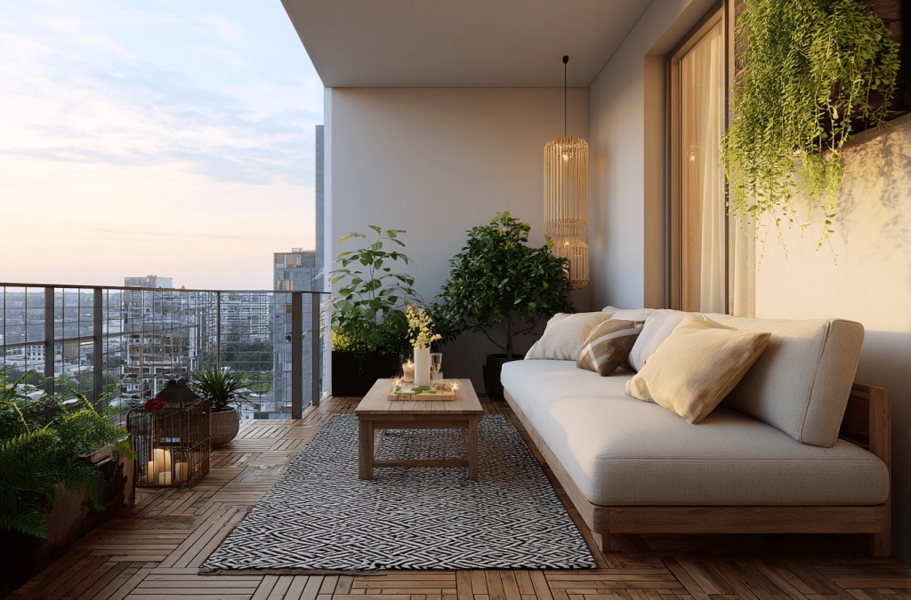 Modern front balcony design with cozy seating and lush green plants