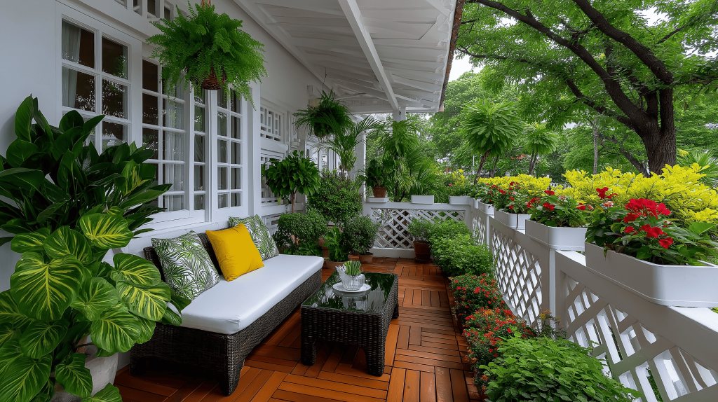 Beautiful home front balcony design with lush greenery and cozy seating area