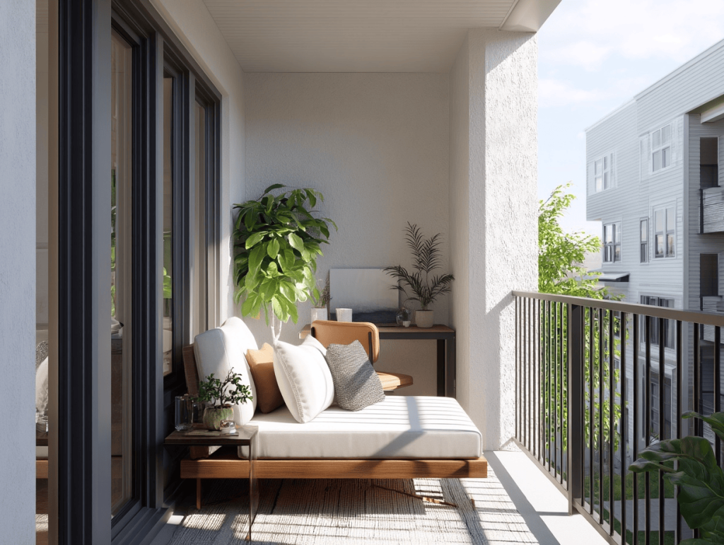 Small front balcony design with minimal furniture and natural greenery