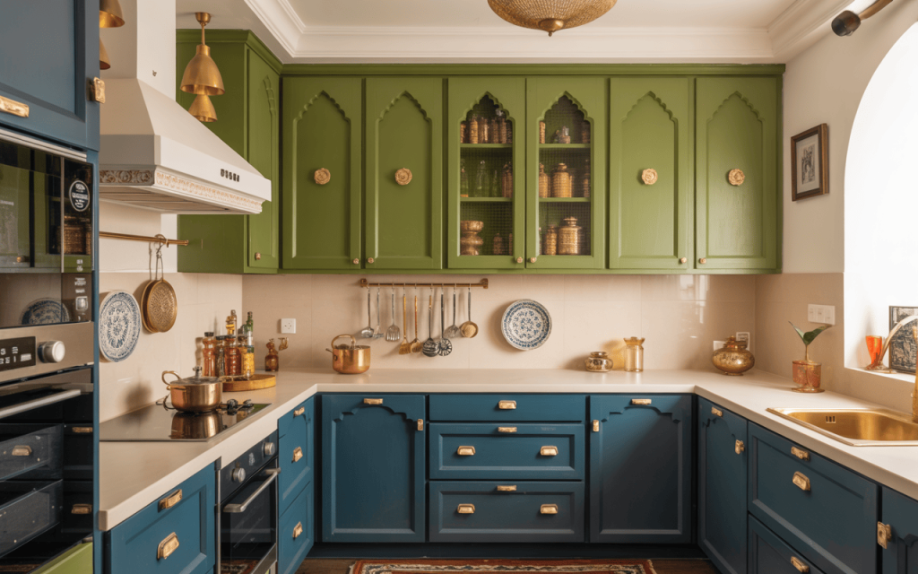 Vibrant indian normal kitchen design with green and blue cabinets and brass accents