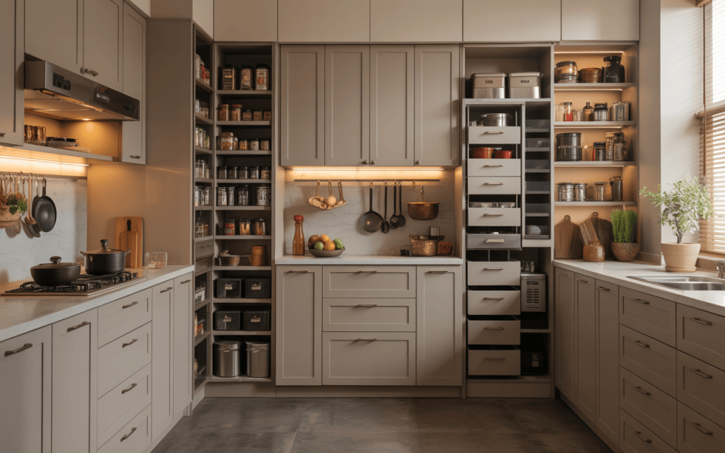 Modern normal kitchen cabinet design with organized shelves and stylish drawers