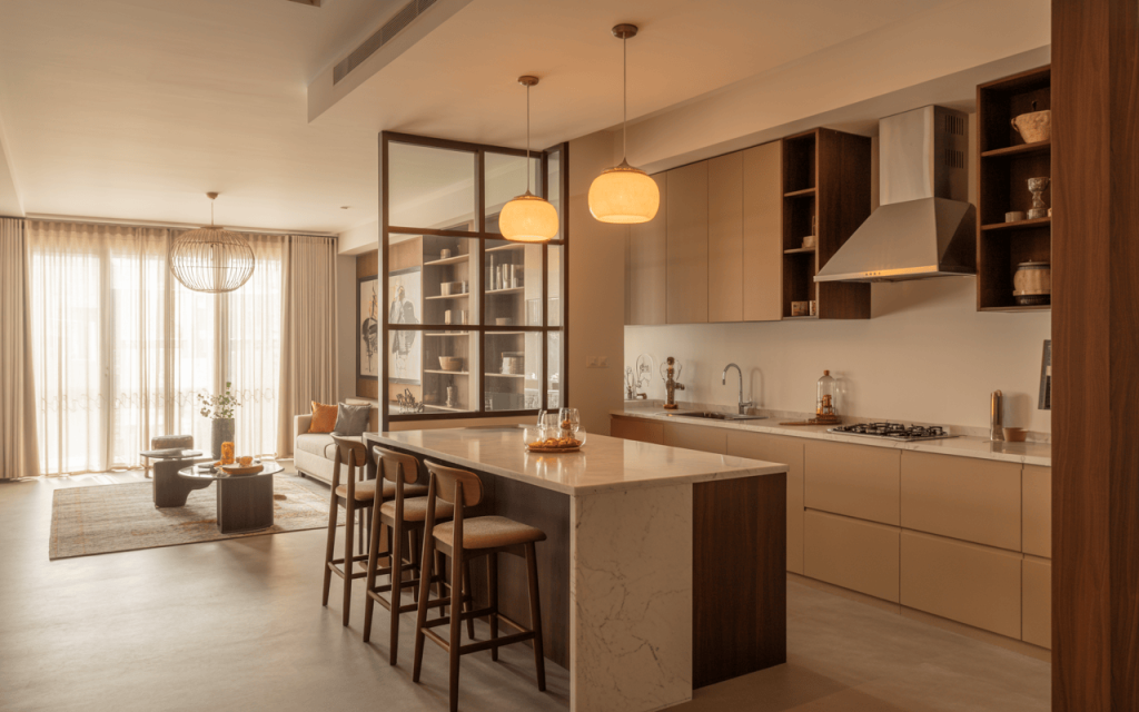 Elegant normal open kitchen design with marble island and warm modern interiors