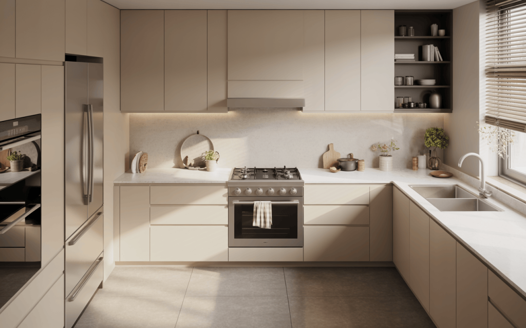 Modern simple normal kitchen design with elegant beige cabinets and natural light