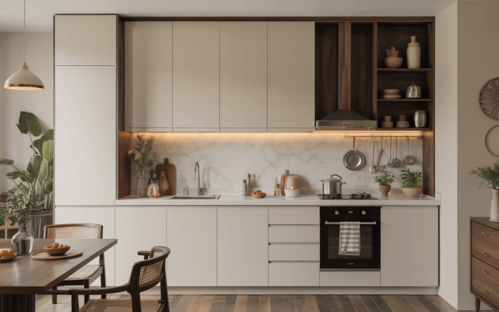 Elegant normal kitchen interior design with marble backsplash and warm wooden accents