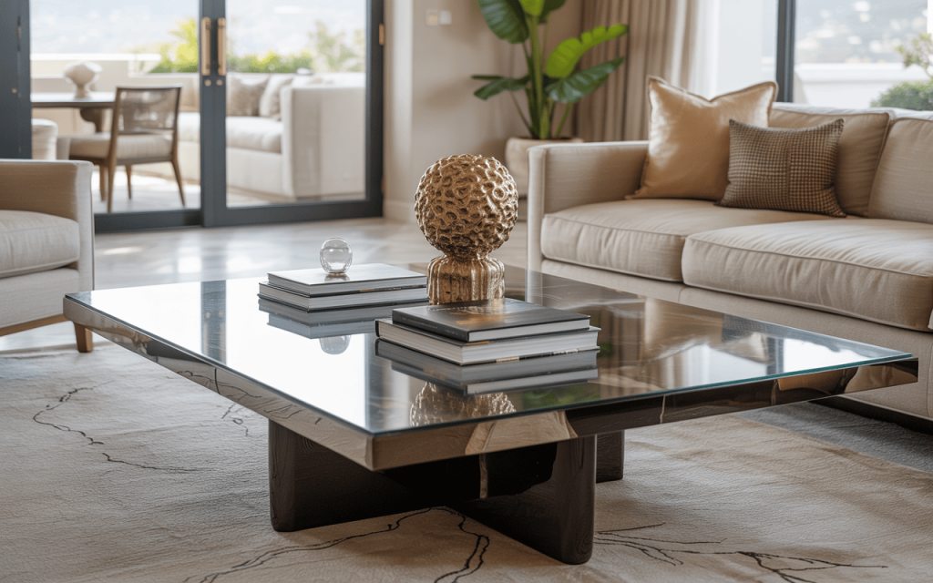 Elegant luxury glass coffee table with golden decor in a bright modern living room