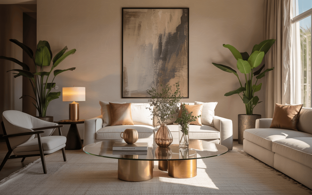 Elegant round glass coffee table with gold base in a cozy modern living room