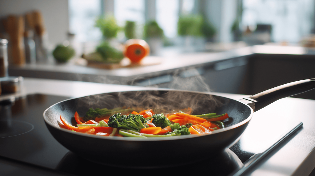 Fresh latest kitchen trends showing healthy vegetable stir fry in a modern setup