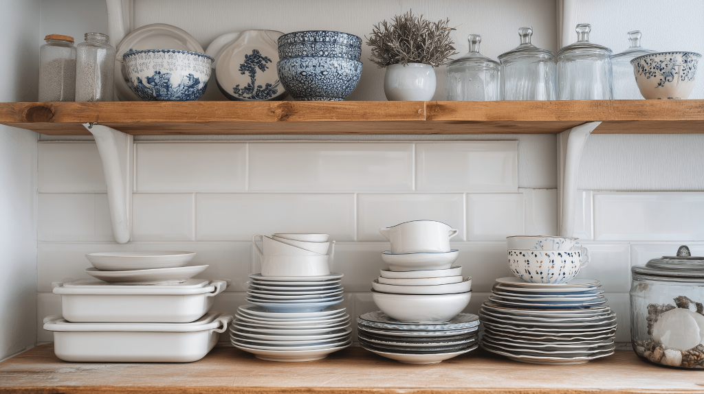 Rustic kitchen design trends with open wooden shelves and elegant ceramic dishes