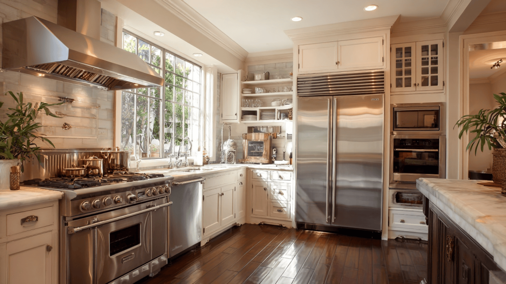 Elegant luxury kitchen trends featuring stainless steel appliances and marble finishes