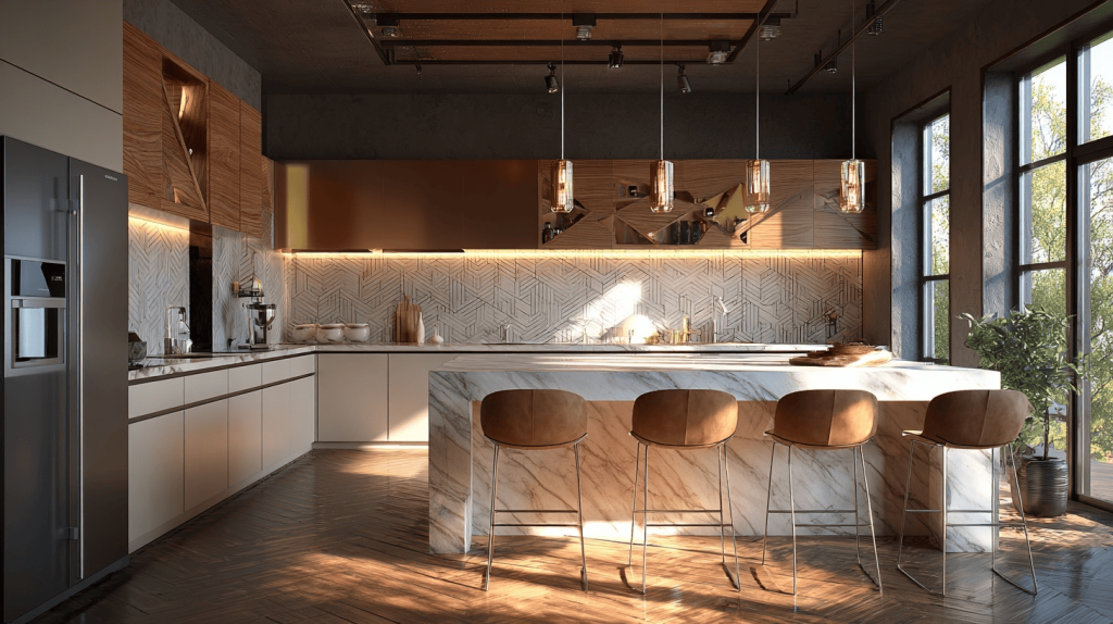 Elegant modern kitchen design trends with marble island and warm wooden accents