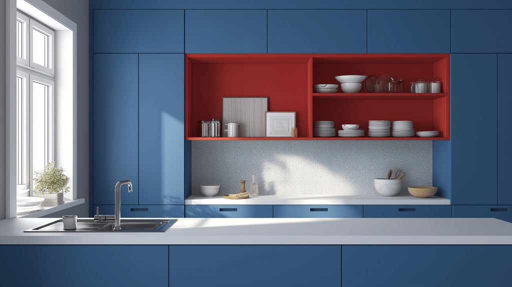 Bold modern kitchen design trends with blue cabinets and red open shelving