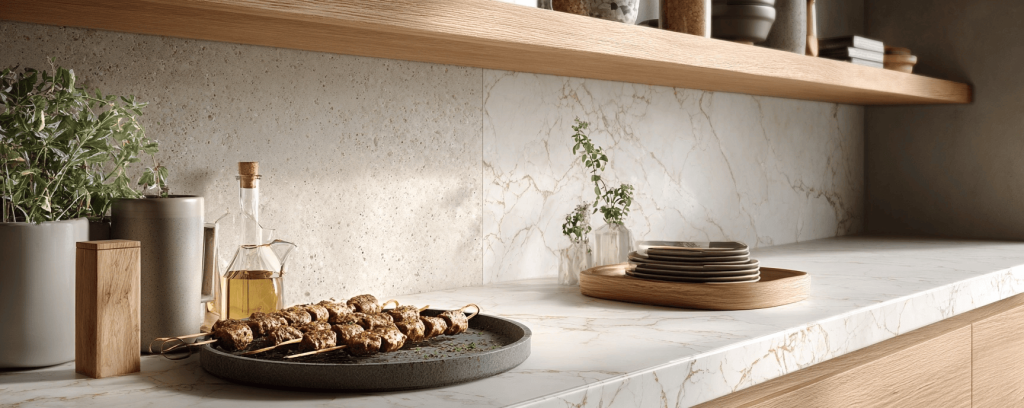 Elegant kitchen design trends with marble countertops and wooden shelving details