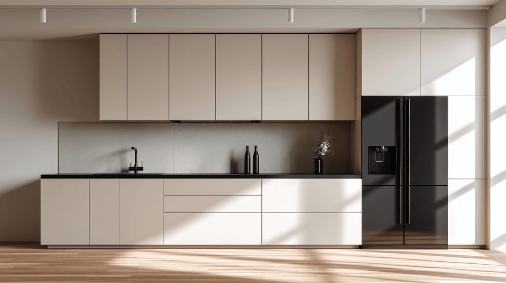 Sleek modern kitchen design trends with minimal beige cabinets and black accents