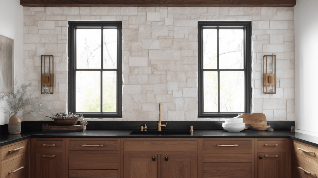 Natural kitchen interior design trends with wood cabinetry and stone backsplash