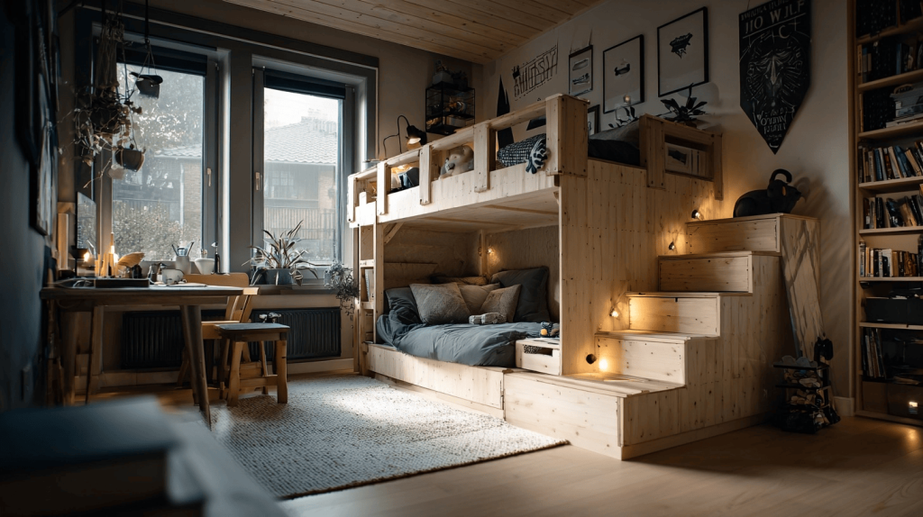 Cozy latest interior design trends with wooden loft bed and warm ambient lighting