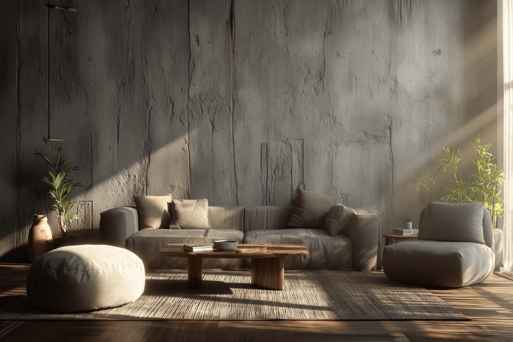 Minimal latest interior design trends with earthy tones and natural textures