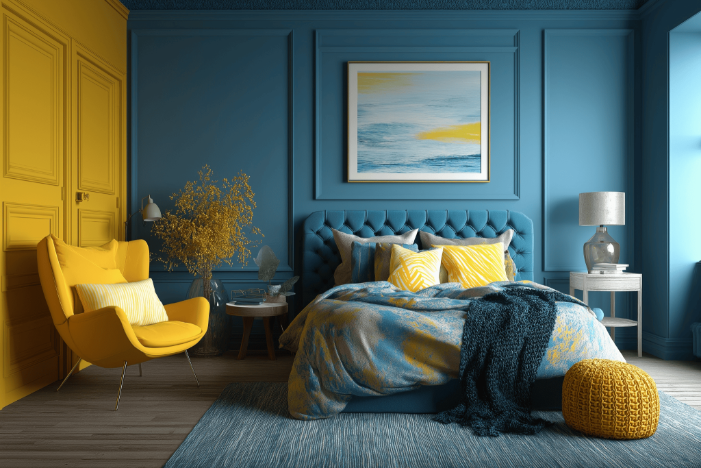 Vibrant new interior design trends with bold blue and yellow bedroom décor