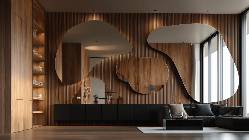 Elegant new interior design trends with abstract mirrors and wooden wall panels