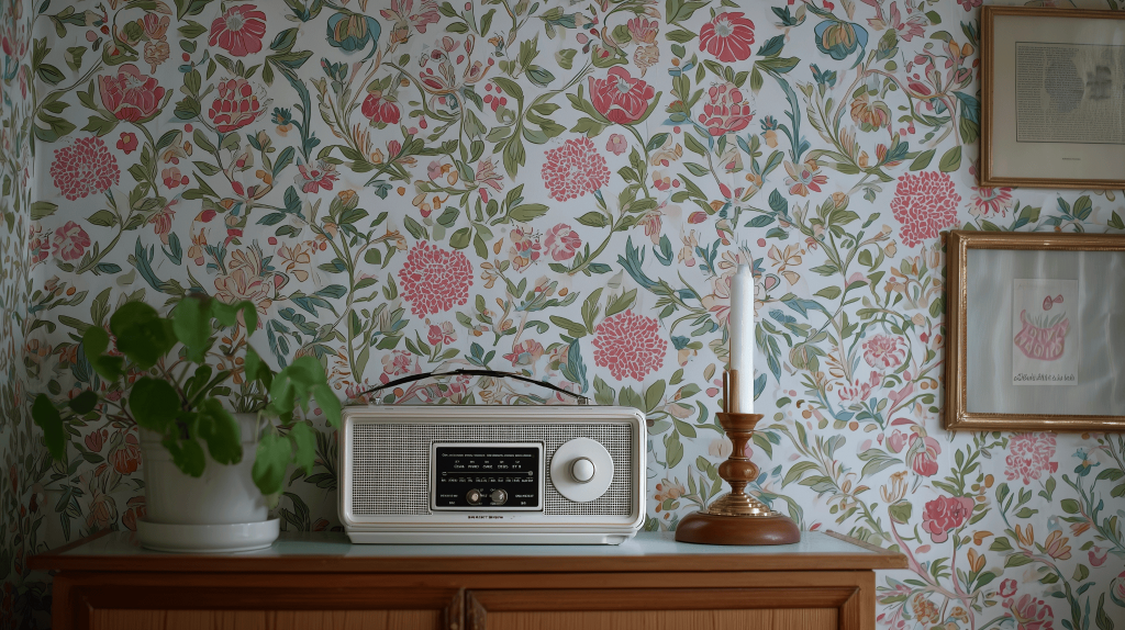 Vintage latest interior design trends with floral wallpaper and classic décor pieces