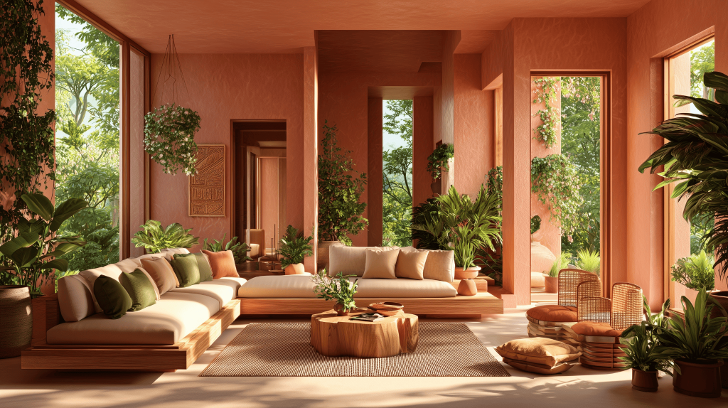 Natural trends for living rooms 2026 with earthy tones and lush indoor greenery